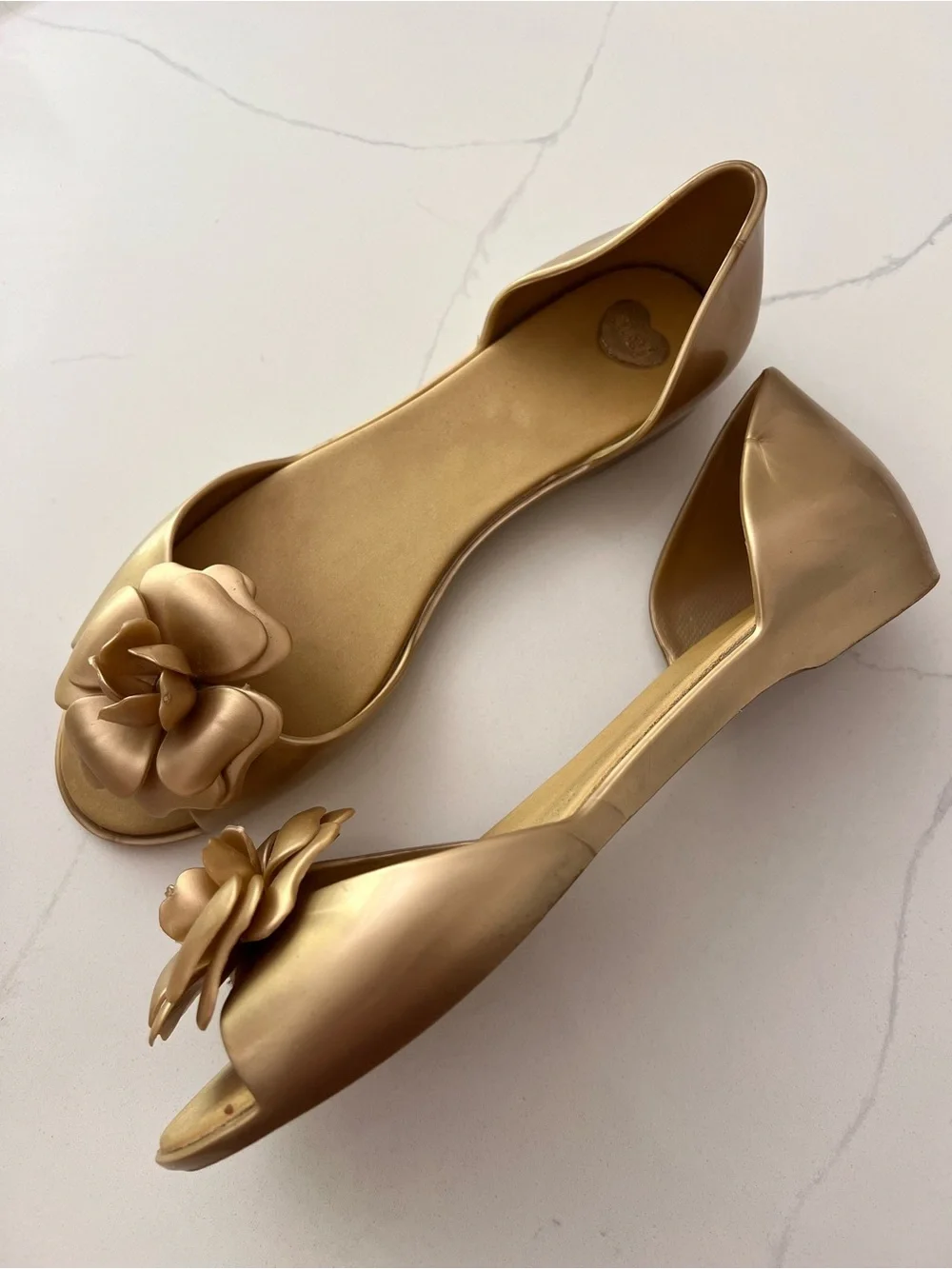 Mel by Melissa Jelly Flats Peep Toe With Flower Gold Size US 7 EU 38